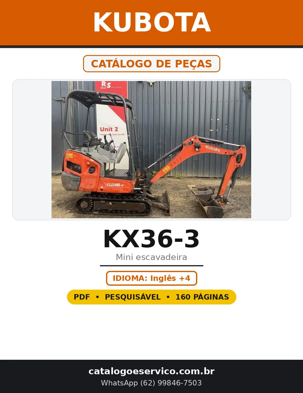 Capa do Catálogo de Peças Kubota KX36-3 em PDF com 160 páginas