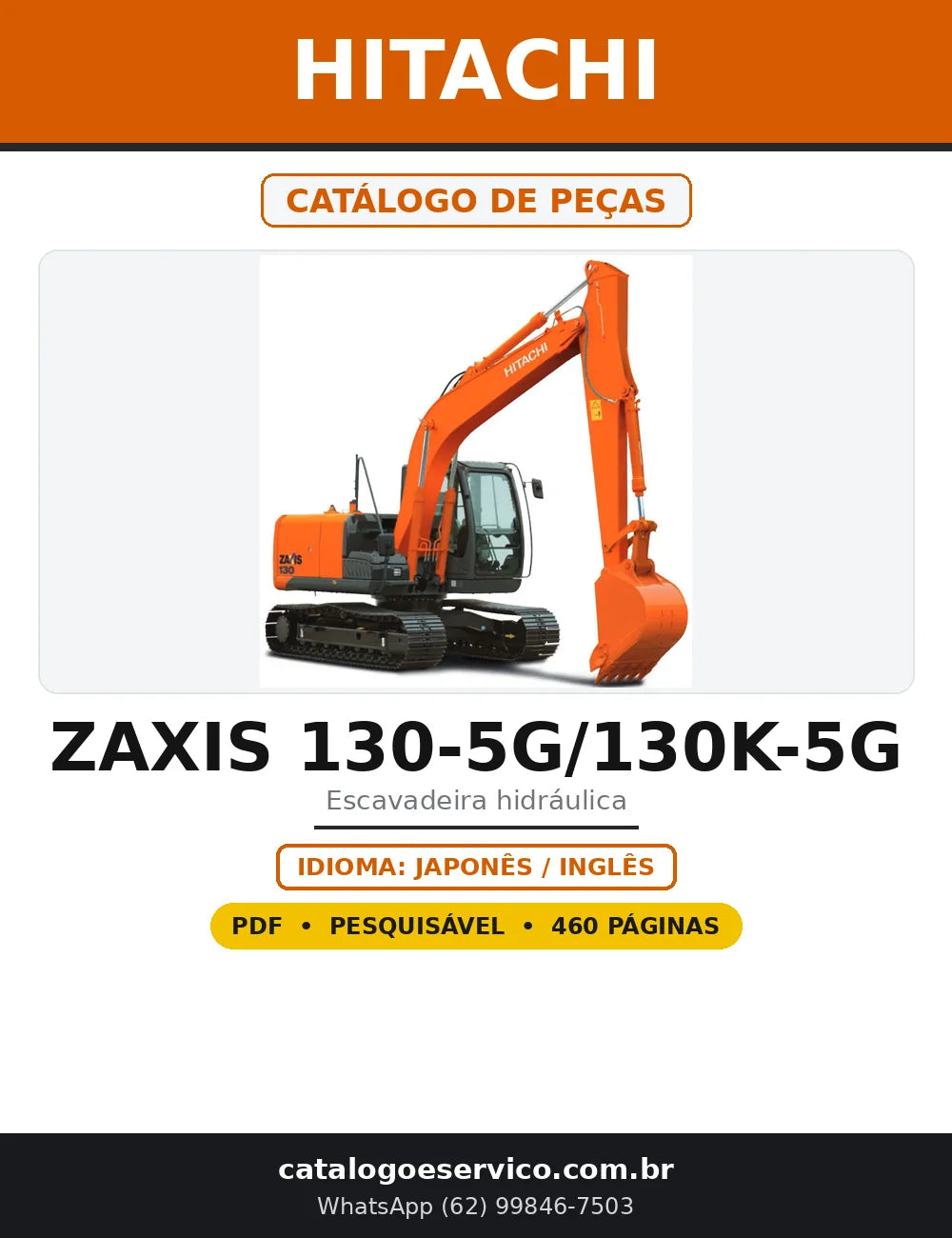 Capa do Catálogo de Peças Hitachi ZAXIS 130-5G/130K-5G em PDF com 460 páginas