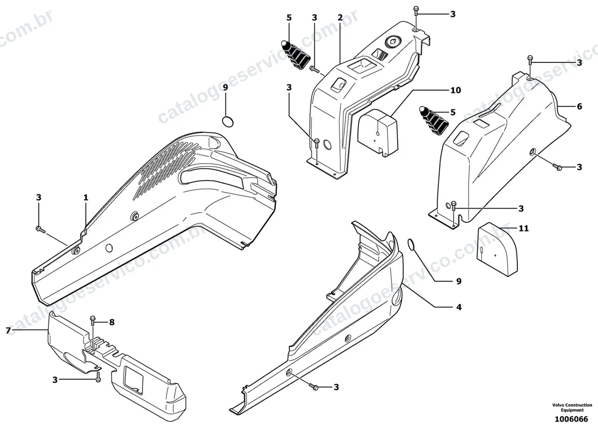 Vista explodida – cabine, carroceria e acessórios – Catálogo de Peças Volvo EC13 XR e EC13 XTV