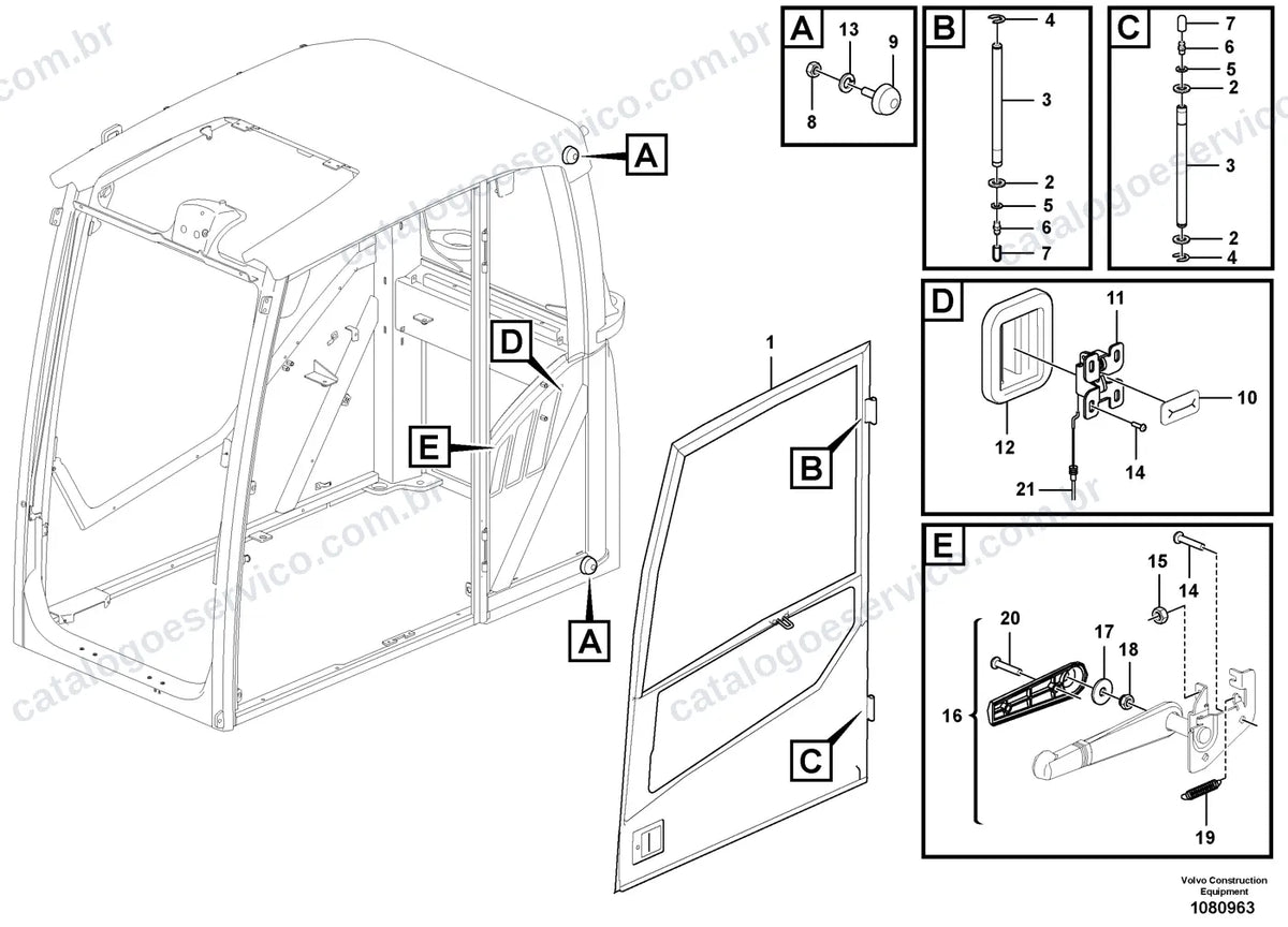Vista explodida – cabine, carroceria e acessórios – Catálogo de Peças Volvo EC180E L