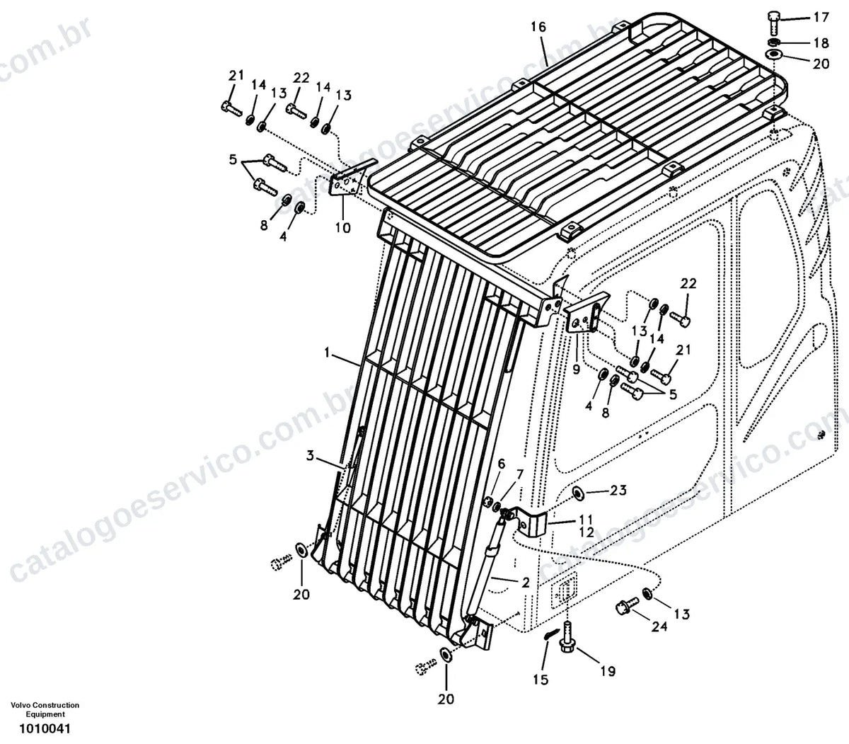 Vista explodida – cabine, carroceria e acessórios – Catálogo de Peças Volvo EC210B (LC, LR, NC e NLC)