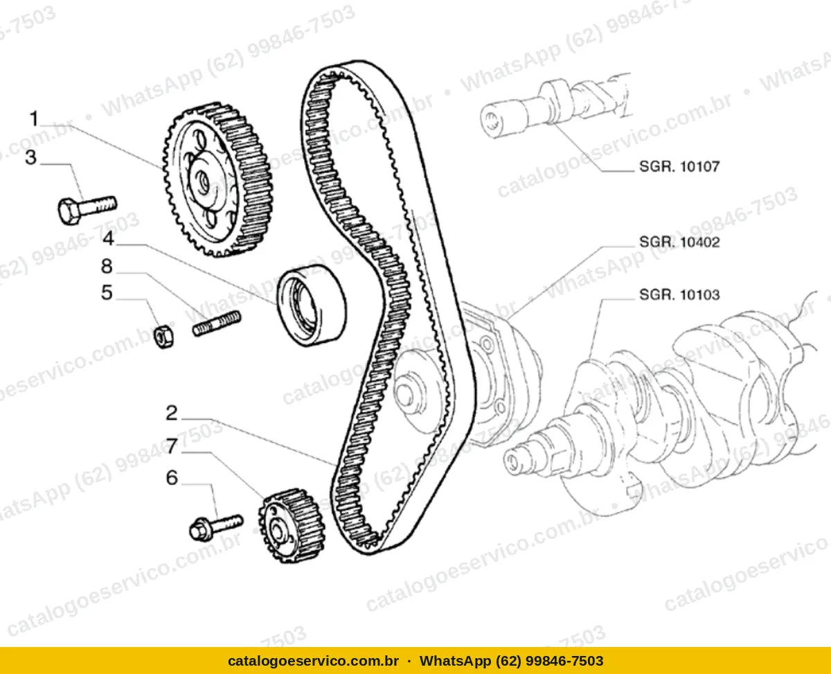 Vista explodida do Catálogo de Peças Fiat Siena Fire 1.0 8V: Comando da distribuição