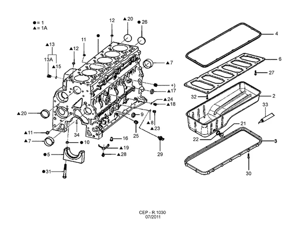 Vista explodida de bloco do motor e cárter de óleo - (5.9l isbe) — Catálogo de Peças Ford Cargo Médio/Pesado Eletrônico