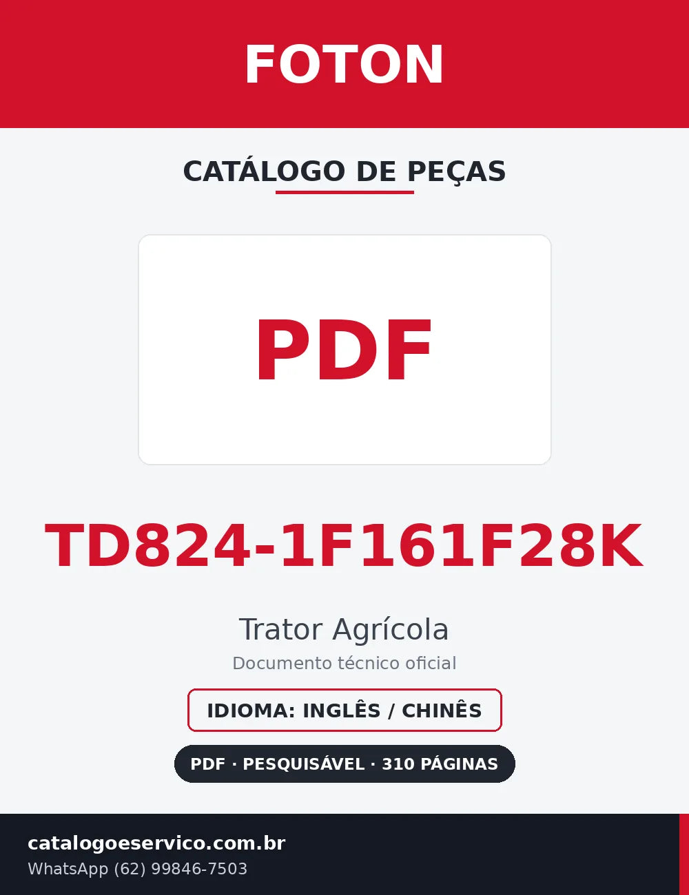 Capa Catálogo de Peças Foton TD824-1F161F28K Trator Agrícola