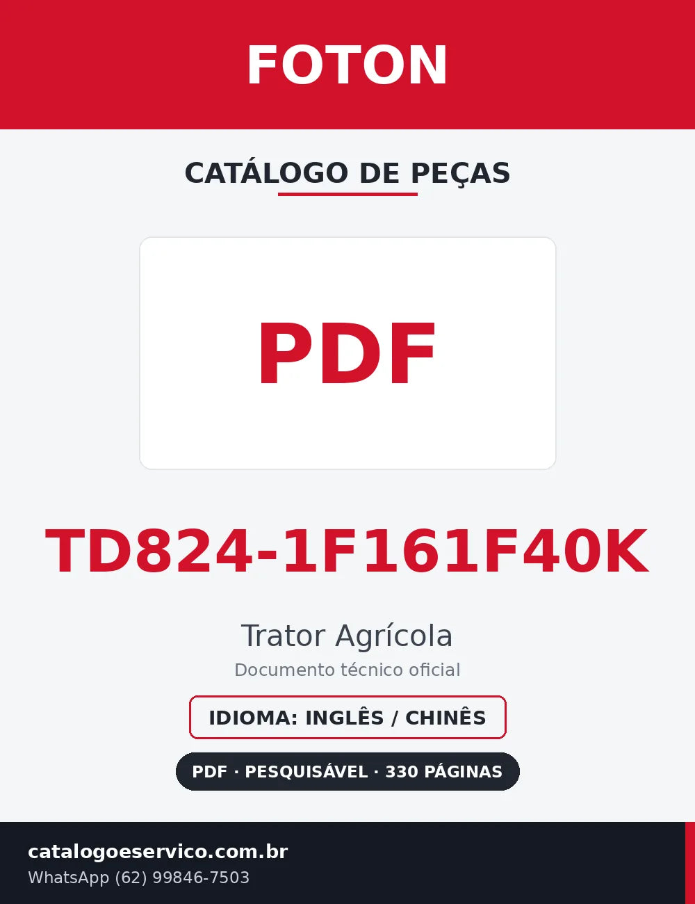 Capa Catálogo de Peças Foton TD824-1F161F40K Trator Agrícola