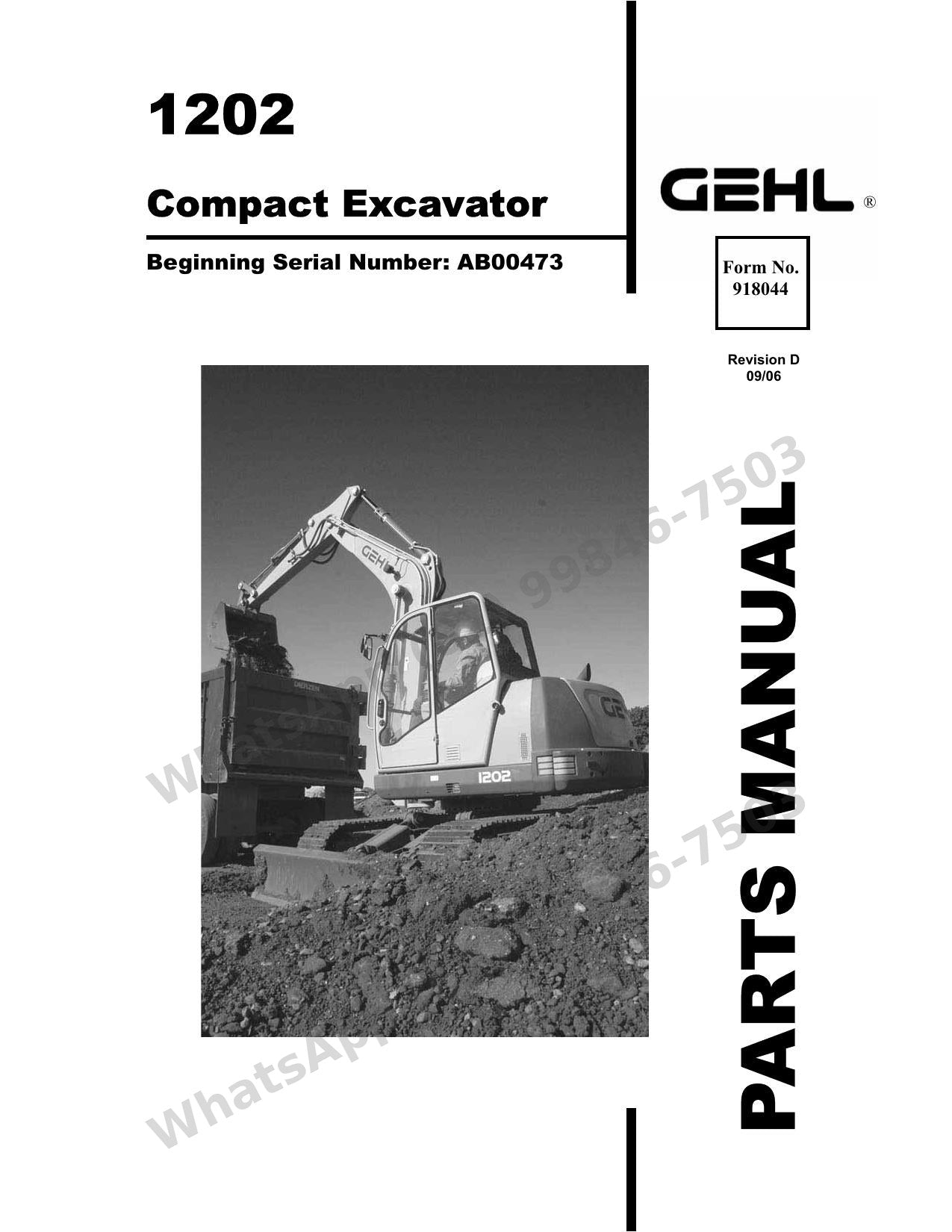Catálogo de Peças GEHL 1202 Escavadeira Compacta — vistas explodidas com números de peça e quebras de número de série