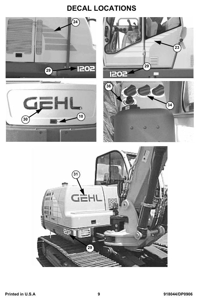 Catálogo de Peças GEHL 1202 Escavadeira Compacta — vistas explodidas com números de peça e quebras de número de série — página interna 1