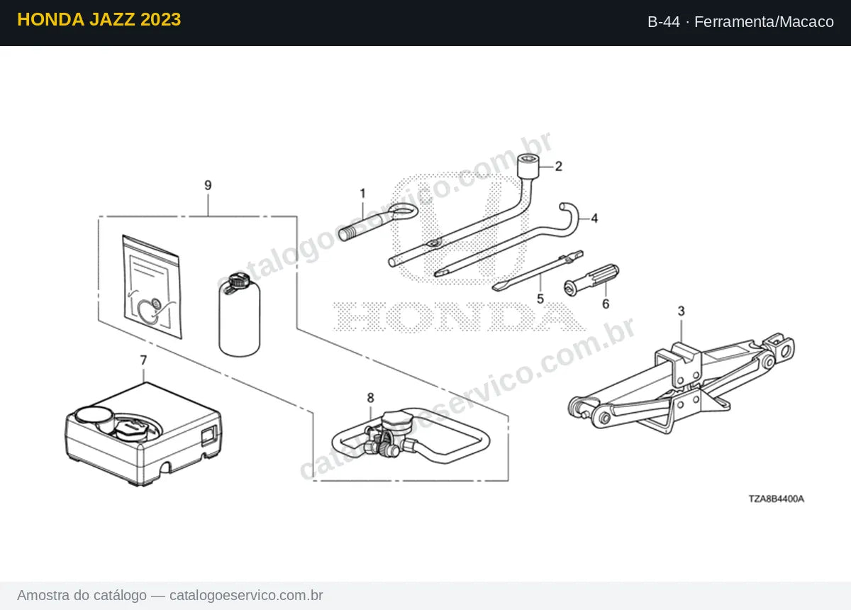 Vista explodida Ferramenta/Macaco — Honda Jazz 2023