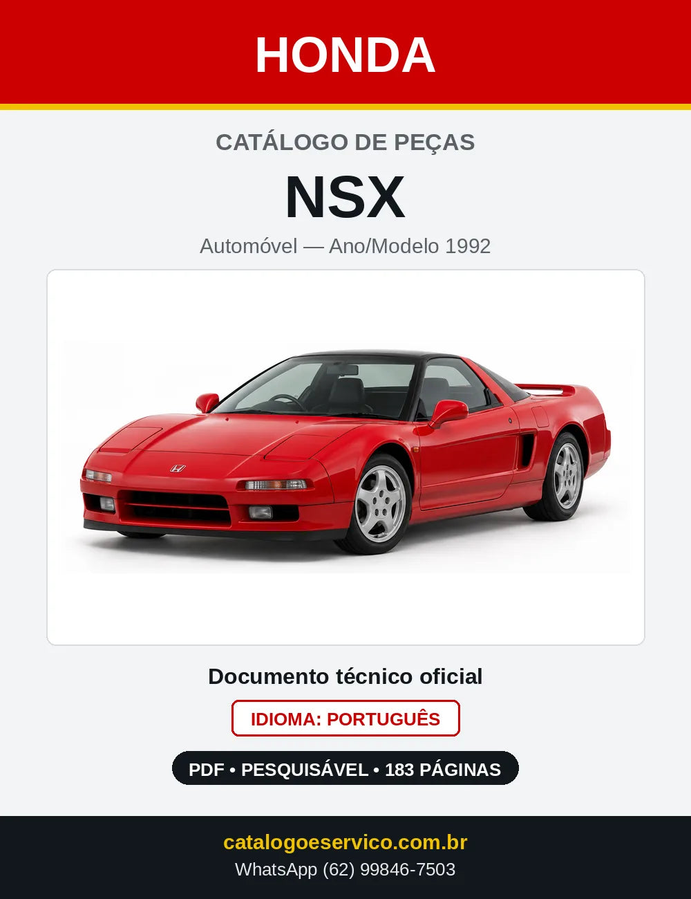 Capa do Catálogo de Peças Honda NSX 1991 a 1994 em PDF