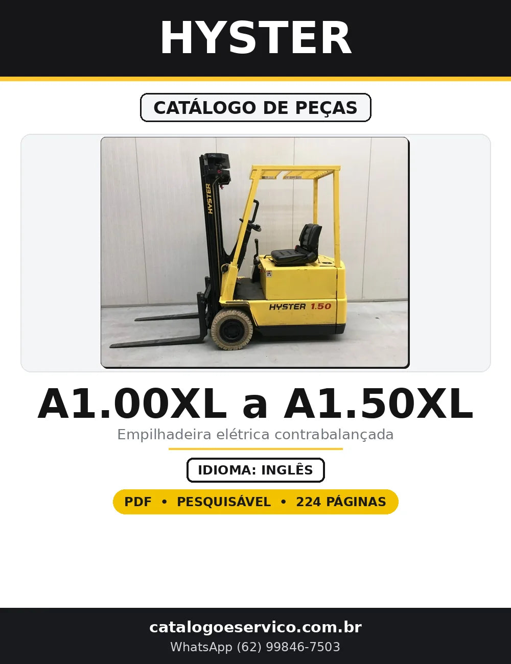 Capa do Catálogo de Peças Hyster A1.00XL a A1.50XL em PDF com 224 páginas