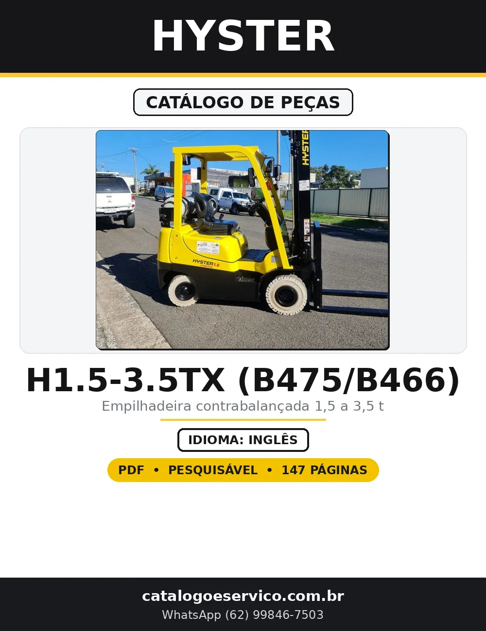 Capa do Catálogo de Peças Hyster H1.5-3.5TX (B475/B466) em PDF com 147 páginas