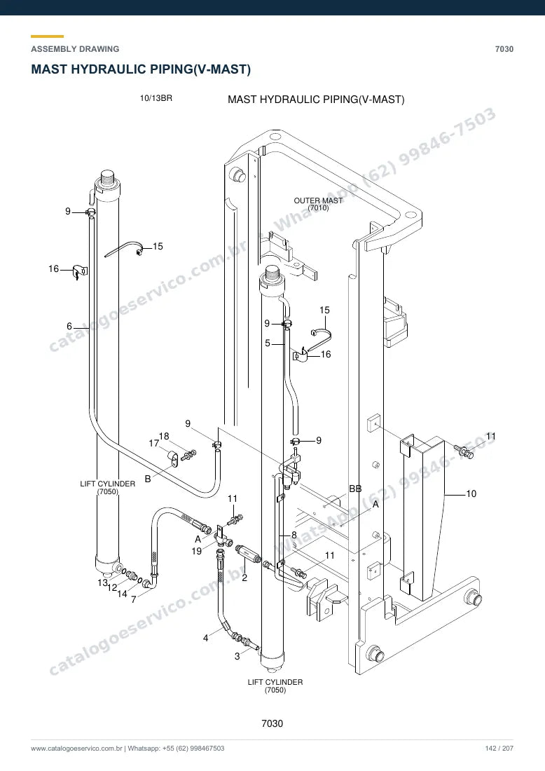 Catálogo de peças Hyundai 10/13BR-7: desenho de montagem — tubulações hidráulicas