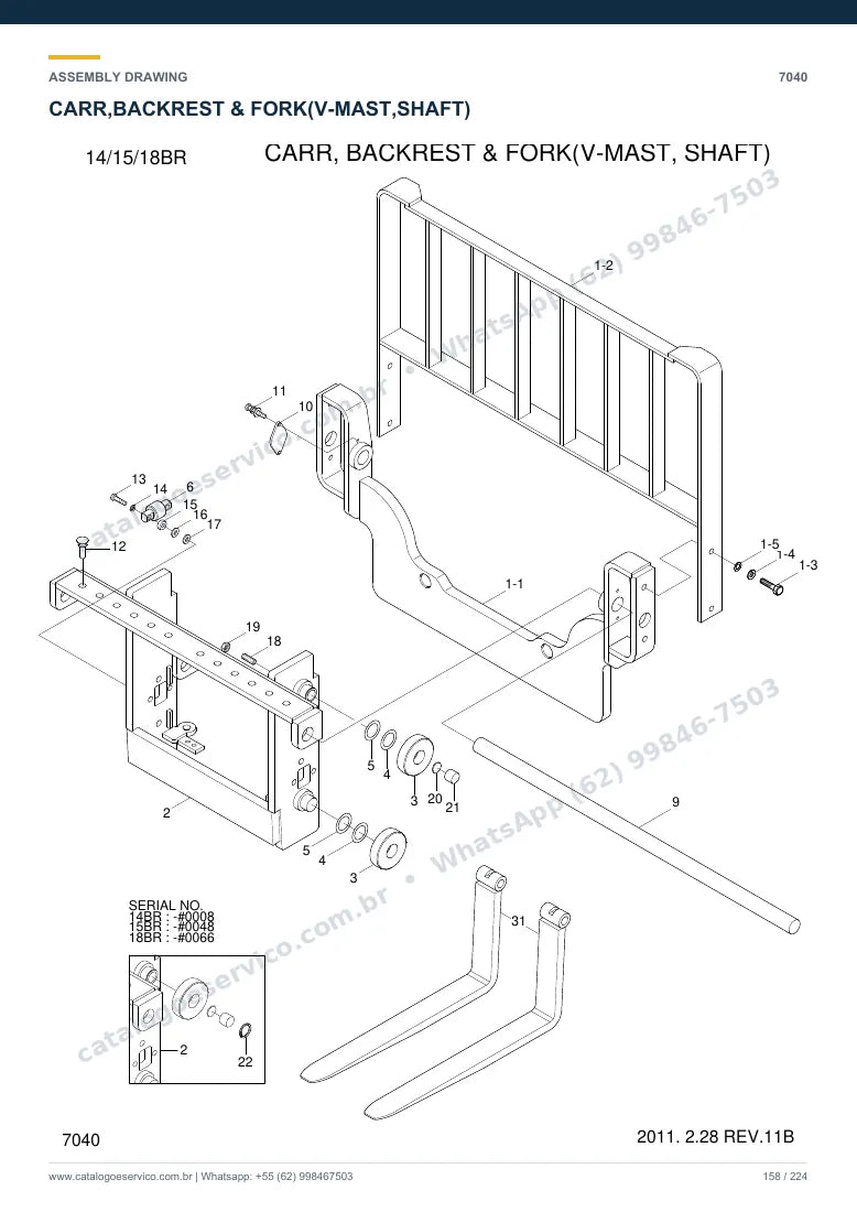 Catálogo de peças Hyundai 14/15/18BR-7: desenho de montagem — torre, garfos e carro porta-garfos