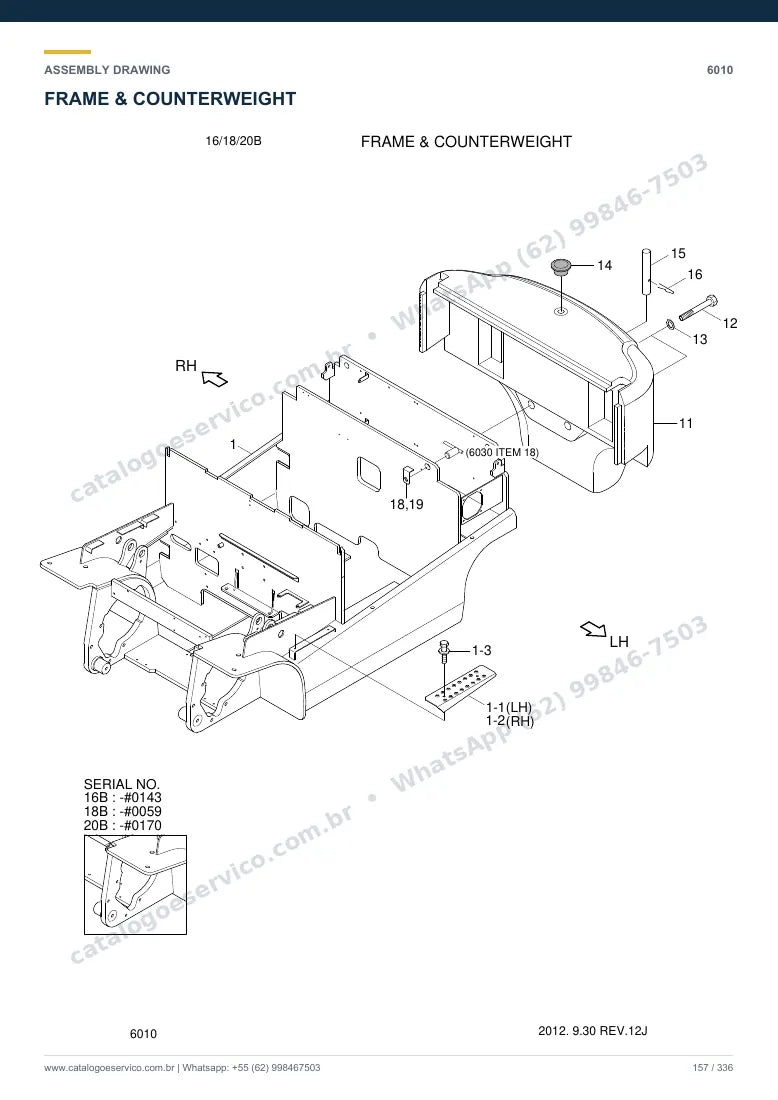 Catálogo de peças Hyundai 16/18/20B-7: desenho de montagem — estrutura, capôs e contrapeso