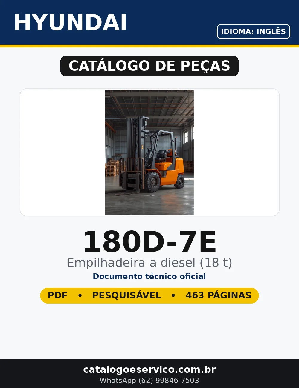 Catálogo de Peças Hyundai 180D-7E em PDF — capa do documento técnico (463 páginas, Inglês)
