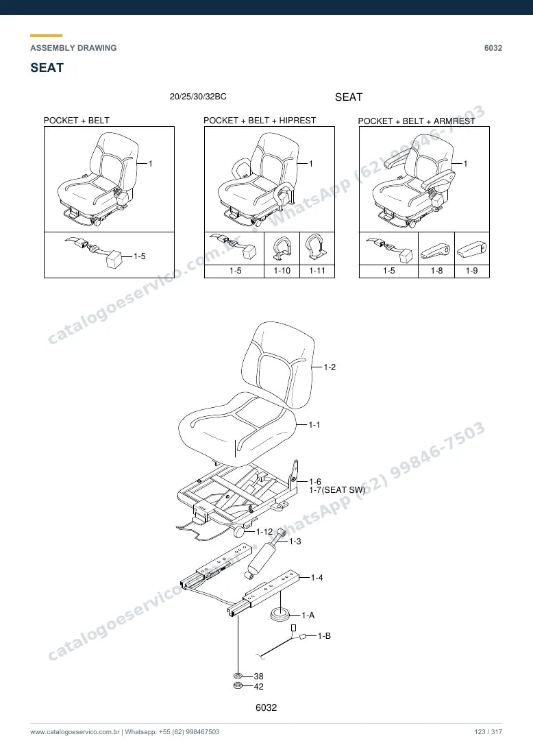 Catálogo de peças Hyundai 20/25/30/32BC-7: desenho de montagem — cabine, assento e comandos