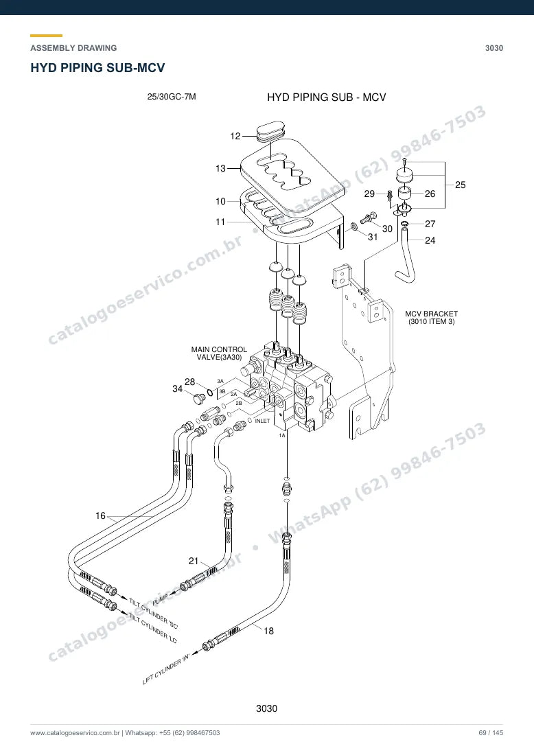 Catálogo de peças Hyundai 25/30GC-7M: desenho de montagem — tubulações hidráulicas