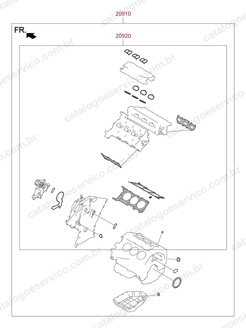 Vista explodida do conjunto motor (Kit de junta do motor) no Catálogo de Peças Hyundai G90