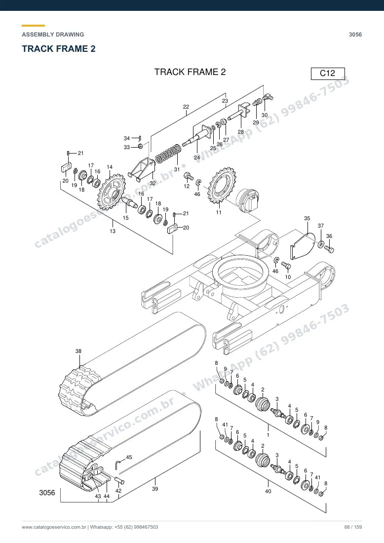 Catálogo de peças Hyundai R16-7: desenho de montagem — translação e material rodante