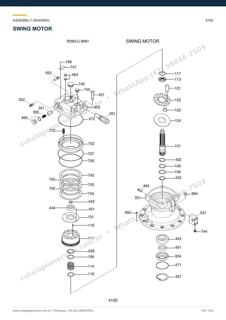 Catálogo de peças Hyundai R290LC-9MH: desenho de montagem — giro e junta rotativa