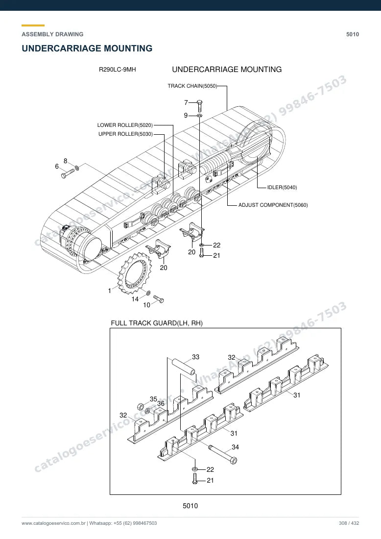 Catálogo de peças Hyundai R290LC-9MH: desenho de montagem — translação e material rodante
