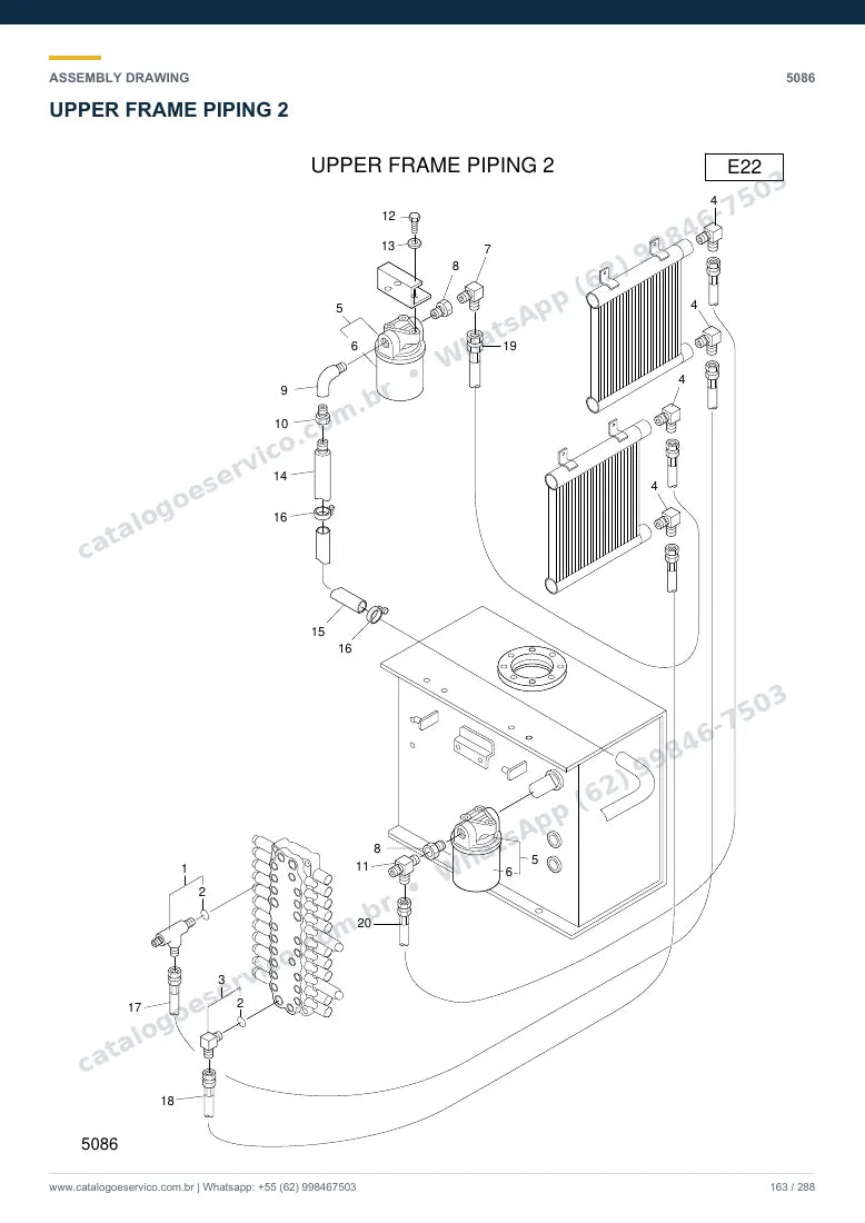 Catálogo de peças Hyundai R75-7: desenho de montagem — tubulações hidráulicas