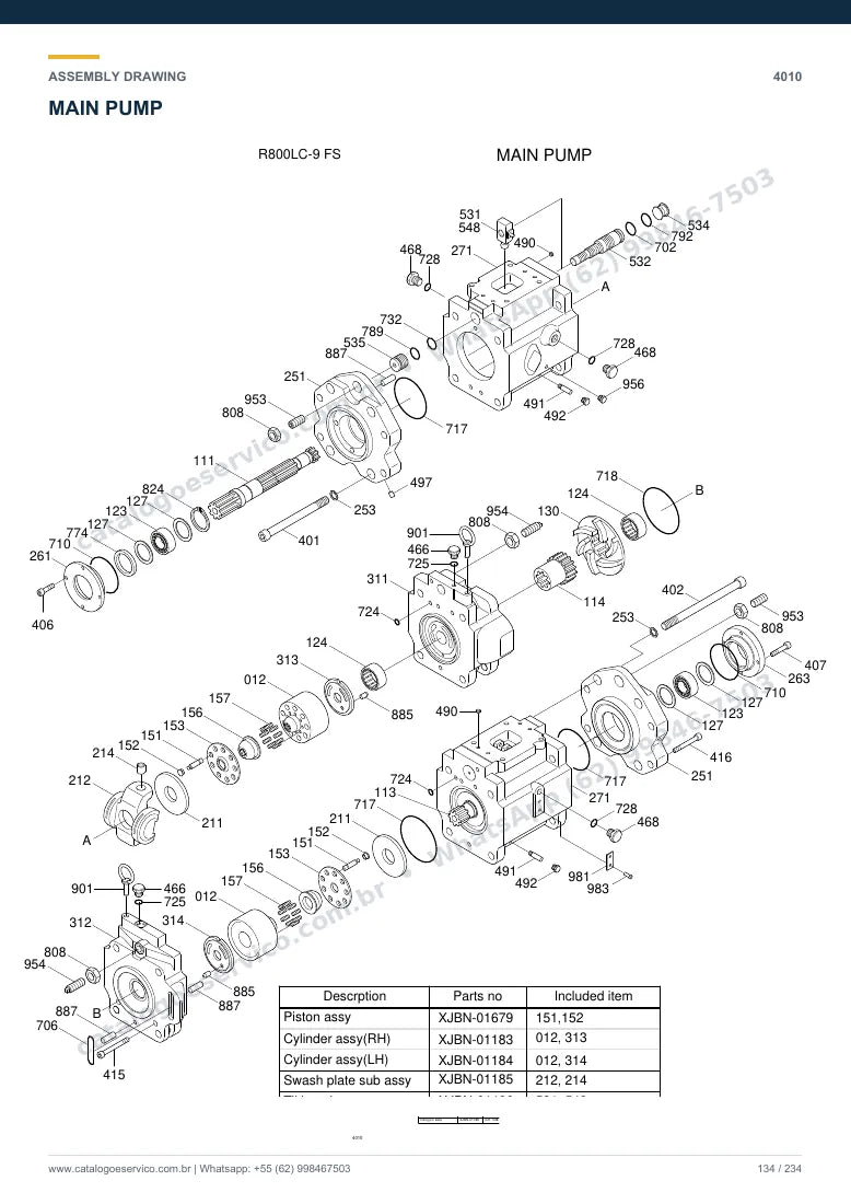 Catálogo de peças Hyundai R800LC-9 FS: desenho de montagem — bomba hidráulica e válvula de controle (MCV)