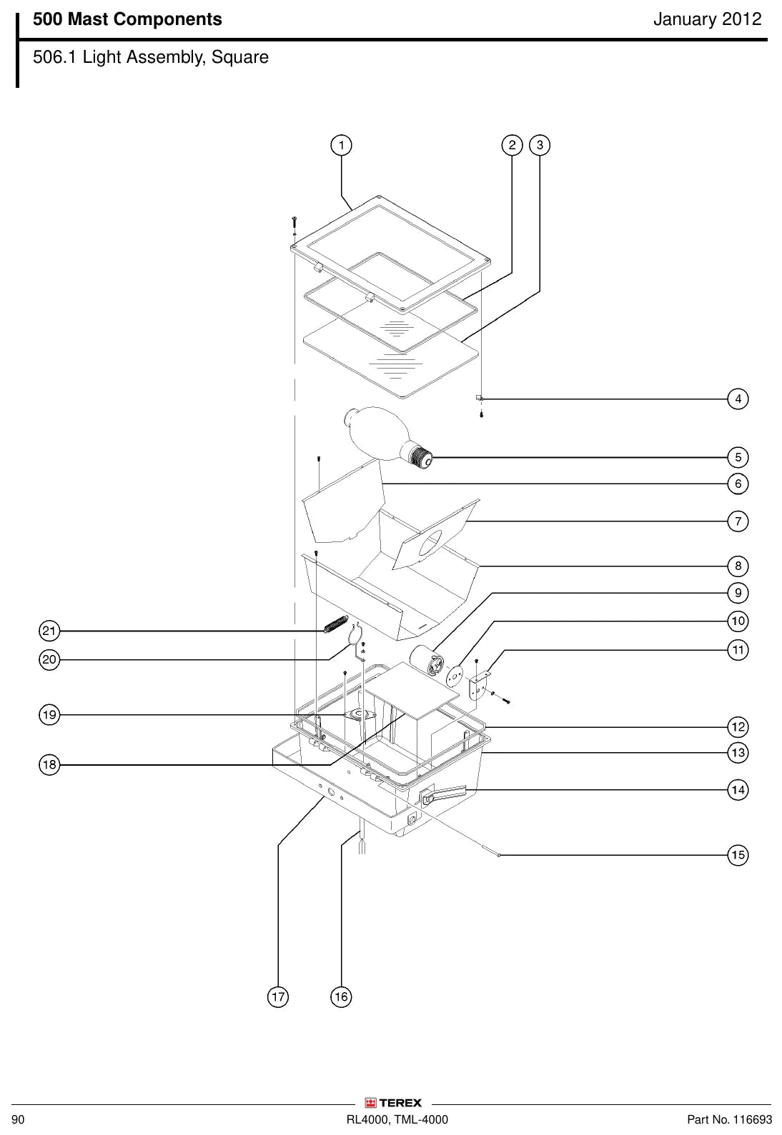 Detalhe de conjunto do Catálogo de Peças Genie RL4000 / TML-4000 com as referências de fábrica