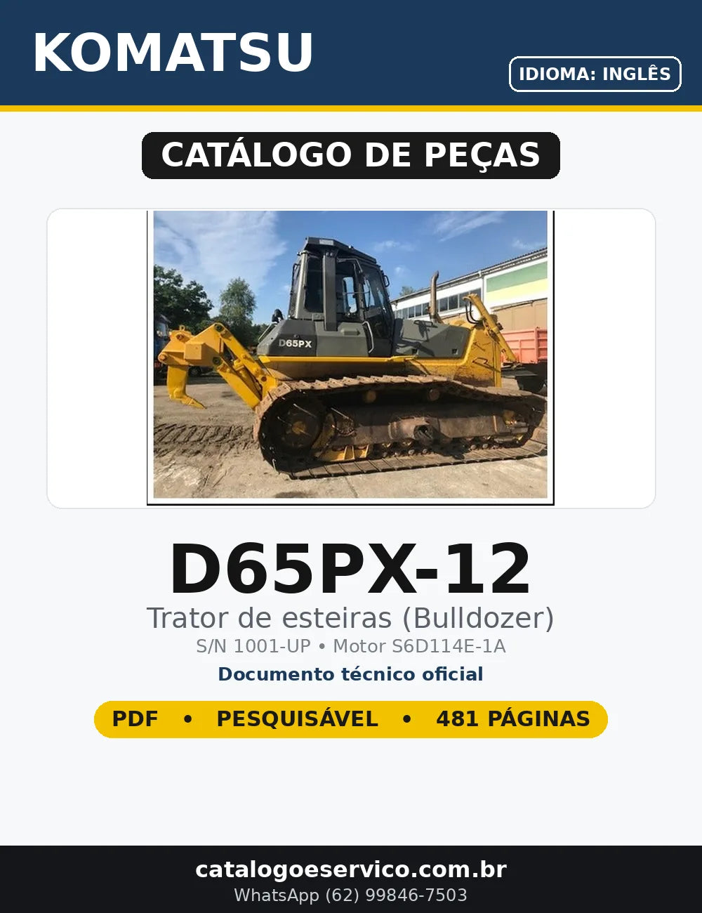 Catálogo de Peças Komatsu D65PX-12 em PDF — capa do documento técnico (481 páginas, Inglês)