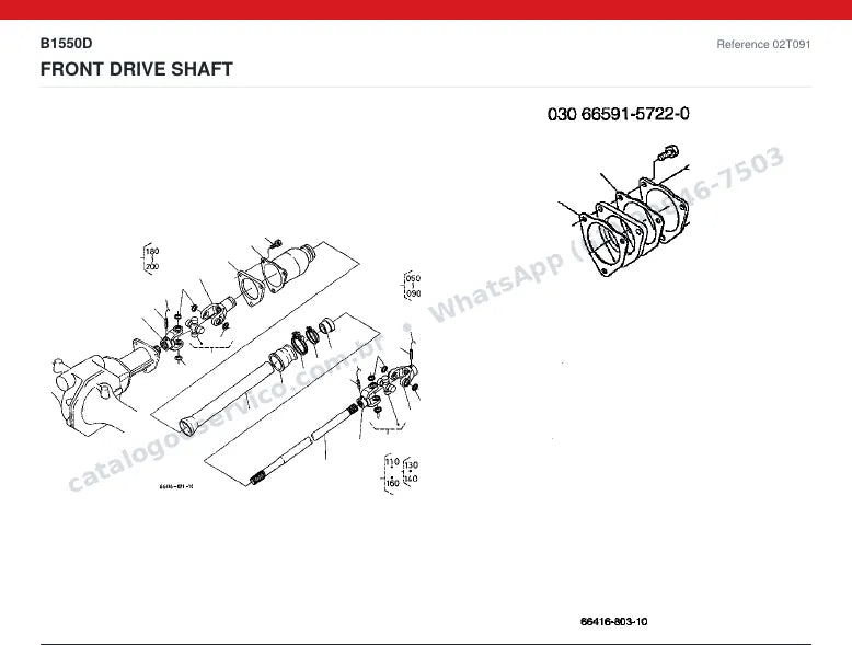 Catálogo de peças Kubota B1550D: vista explodida — eixo dianteiro e tração dianteira