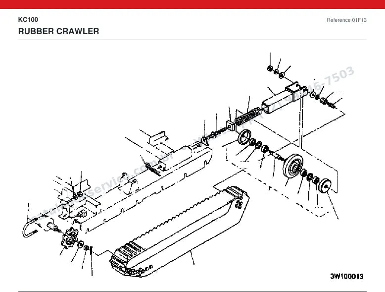 Catálogo de peças Kubota KC100: vista explodida — material rodante, esteiras e translação