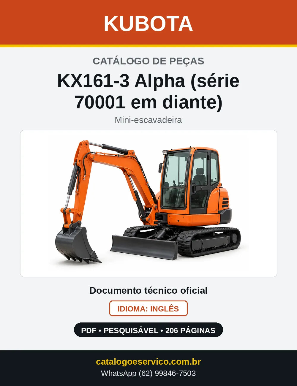 Capa do Catálogo de Peças Kubota KX161-3 Alpha (série 70001 em diante) em PDF