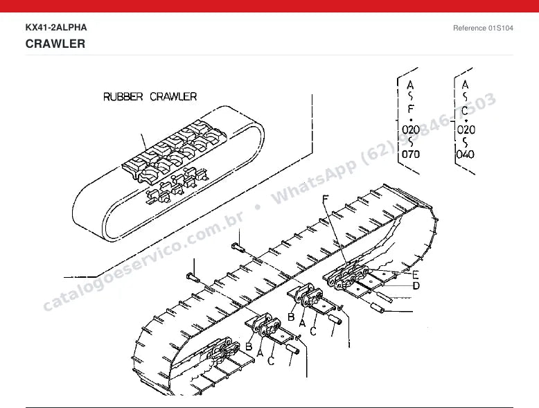 Catálogo de peças Kubota KX41-2 Alpha: vista explodida — material rodante, esteiras e translação