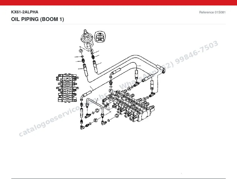 Catálogo de peças Kubota KX61-2 Alpha: vista explodida — tubulações hidráulicas e tanque de óleo