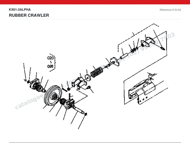 Catálogo de peças Kubota KX61-2 Alpha: vista explodida — material rodante, esteiras e translação