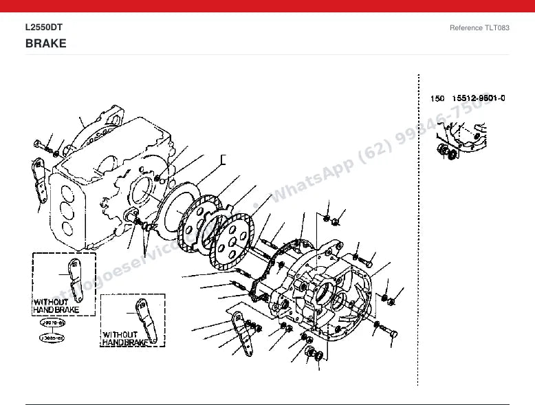 Catálogo de peças Kubota L2550DT: vista explodida — freios