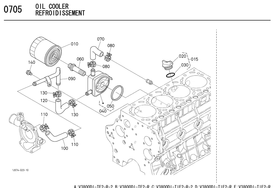 Detalhe de conjunto do Catálogo de Peças Kubota M95S/M105S com as referências de fábrica