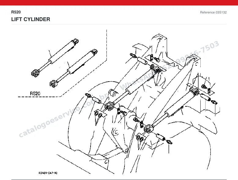 Catálogo de peças Kubota R520: vista explodida — cilindros hidráulicos