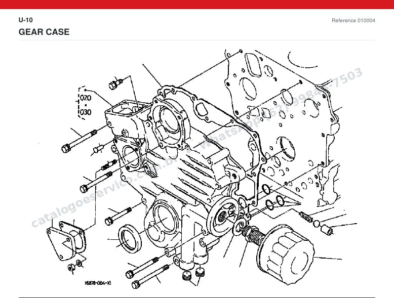 Catálogo de peças Kubota U-10: vista explodida — motor: bloco, cabeçote, pistões e virabrequim