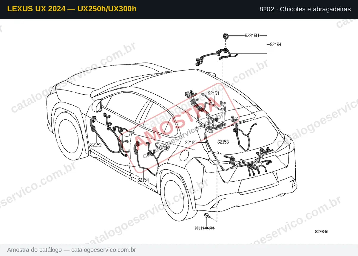 Vista explodida Chicotes e abraçadeiras — Lexus UX 2024 — UX250h/UX300h