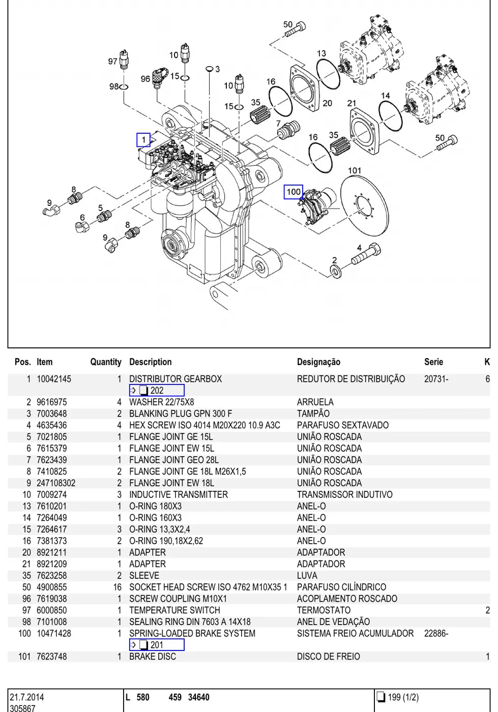 Grupo do catálogo com desenho e lista de peças — Liebherr L 580