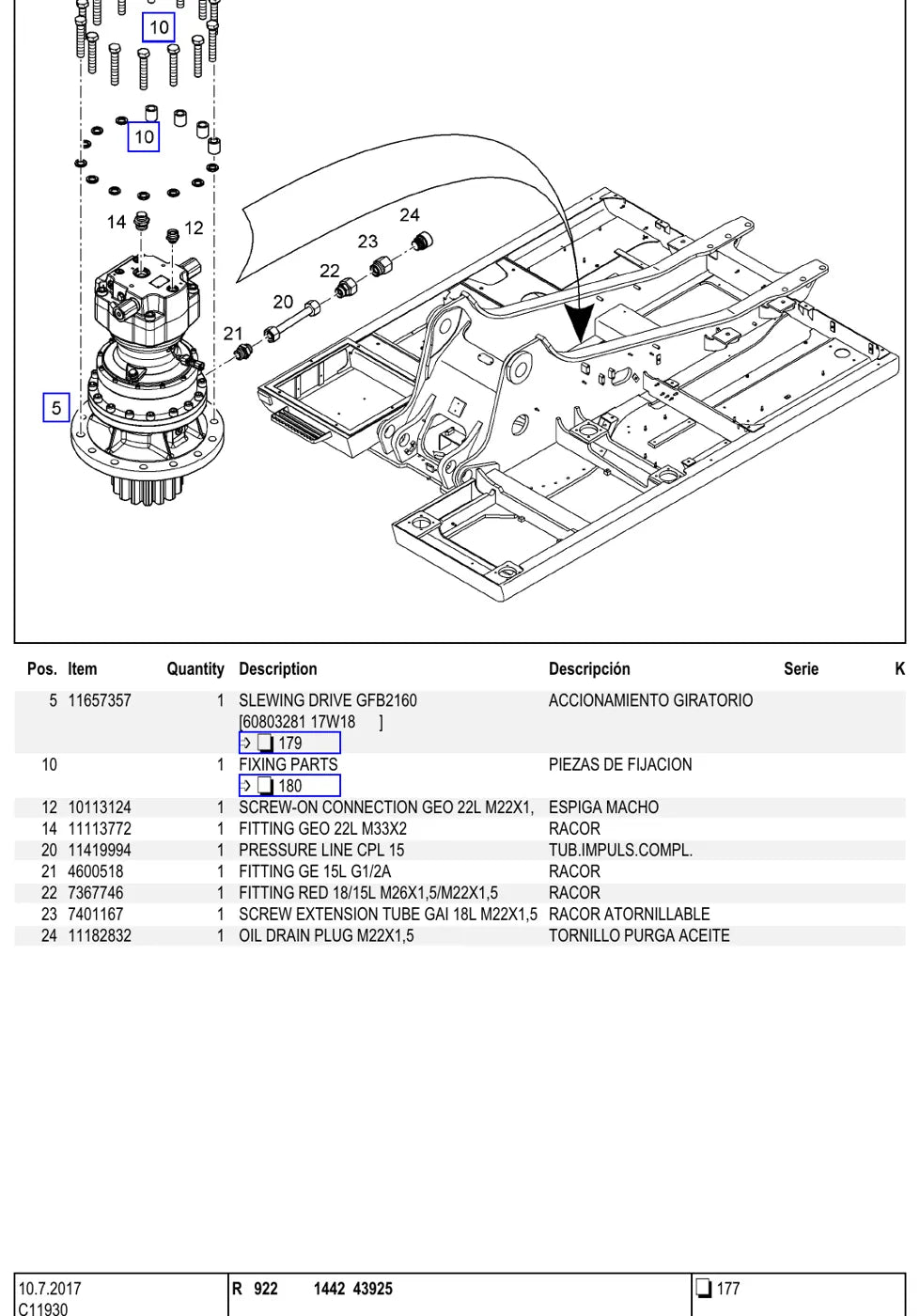 Grupo do catálogo com desenho e lista de peças — Liebherr R 922