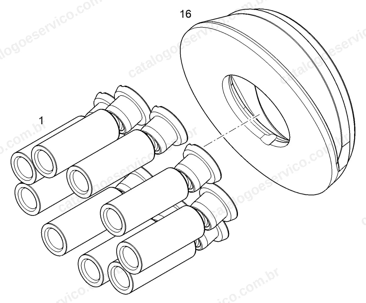 Vista explodida do kit de pistões com sapatas do motor de giro NG 085 da R924-1487