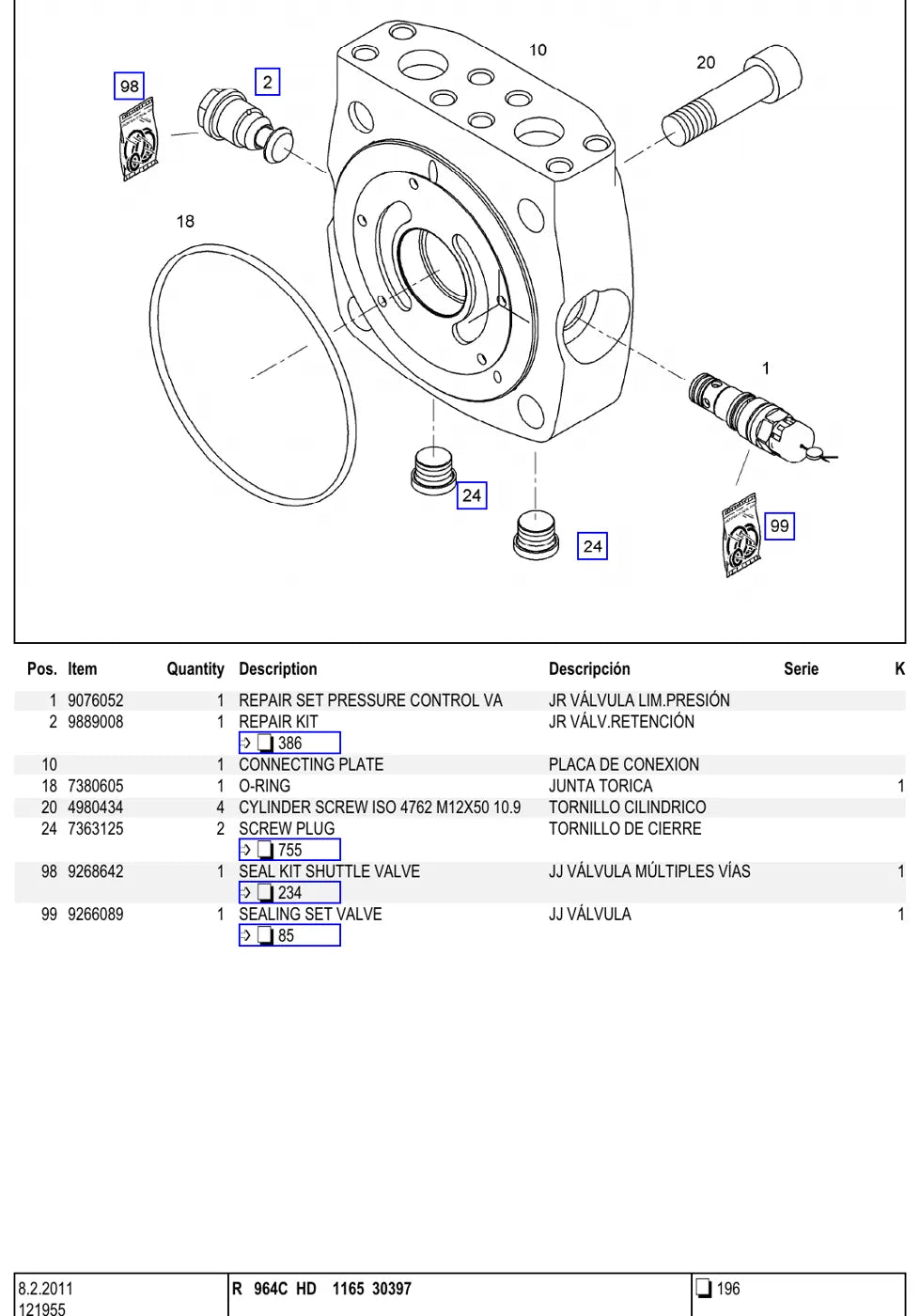 Grupo do catálogo com desenho e lista de peças — Liebherr R 964 C HD