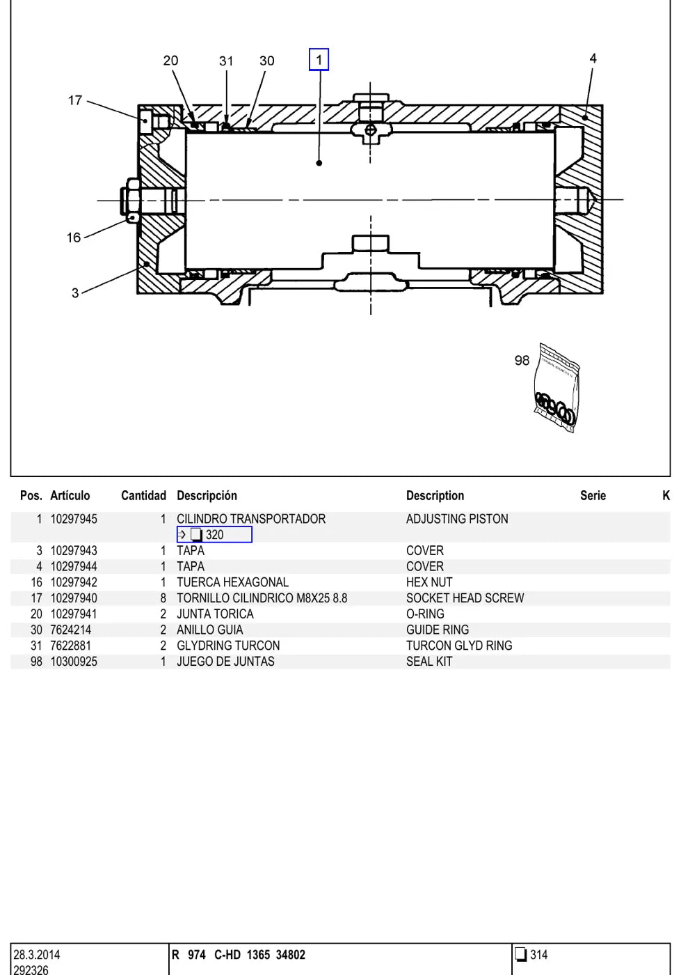 Grupo do catálogo com desenho e lista de peças — Liebherr R 974 C-HD