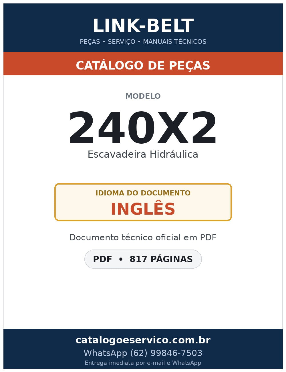 Catálogo de Peças Link-Belt 240X2 Escavadeira Hidráulica