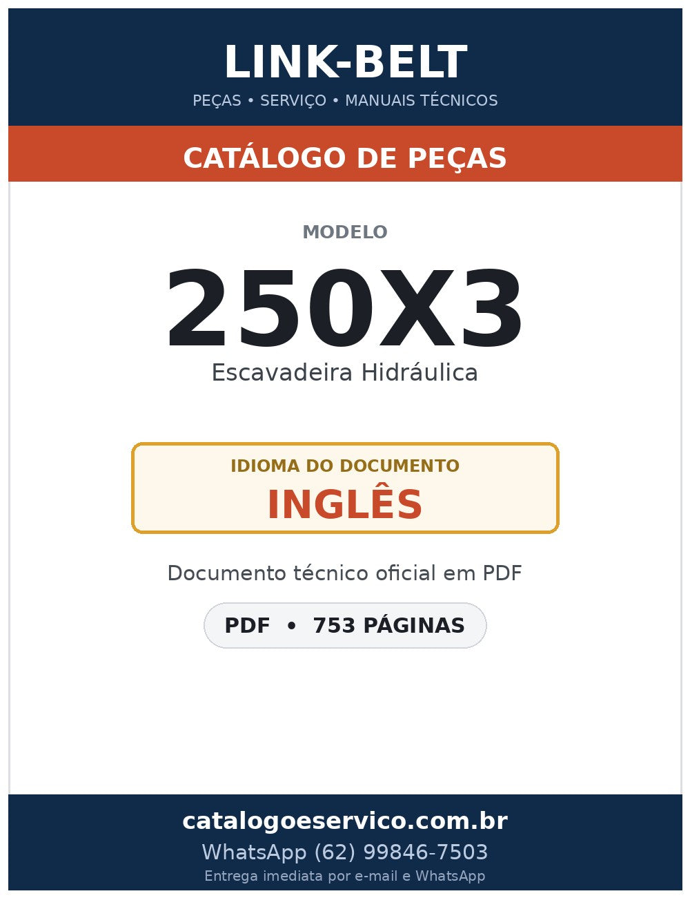Catálogo de Peças Link-Belt 250X3 Escavadeira Hidráulica