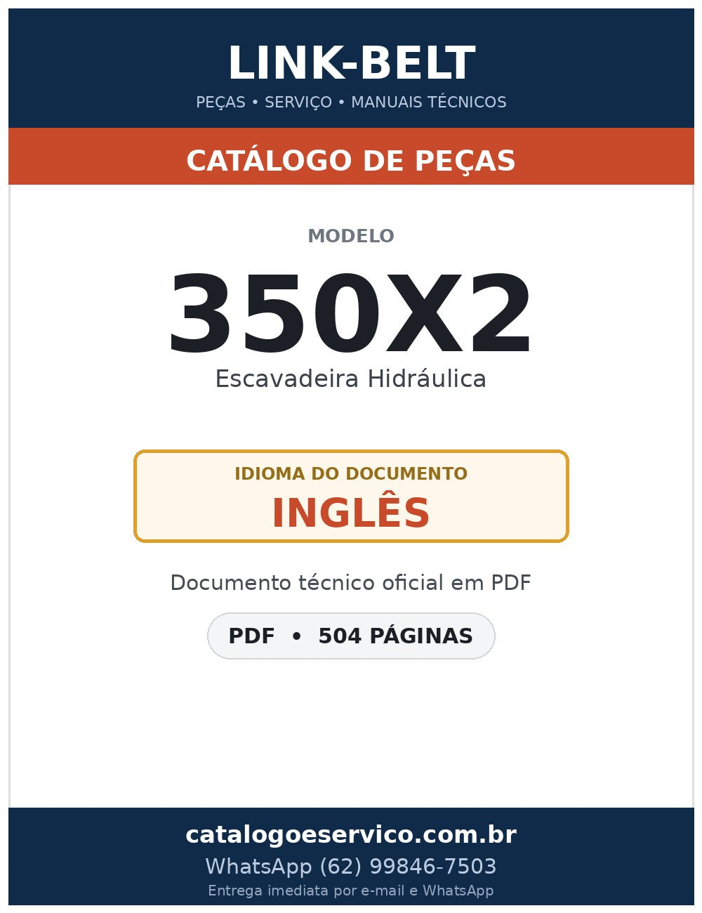 Catálogo de Peças Link-Belt 350X2 Escavadeira Hidráulica