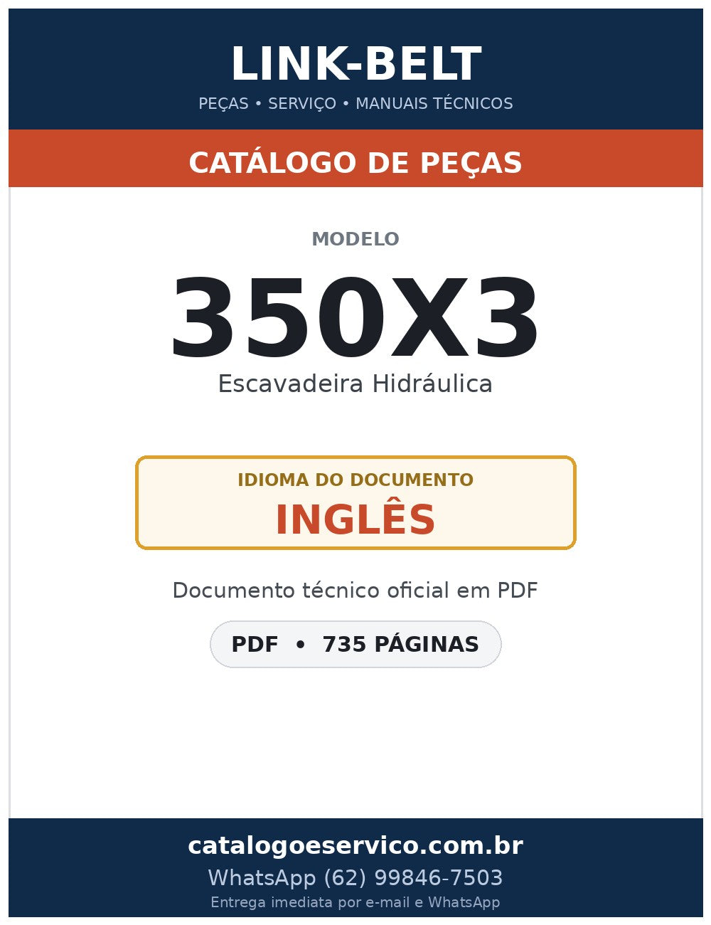 Catálogo de Peças Link-Belt 350X3 Escavadeira Hidráulica