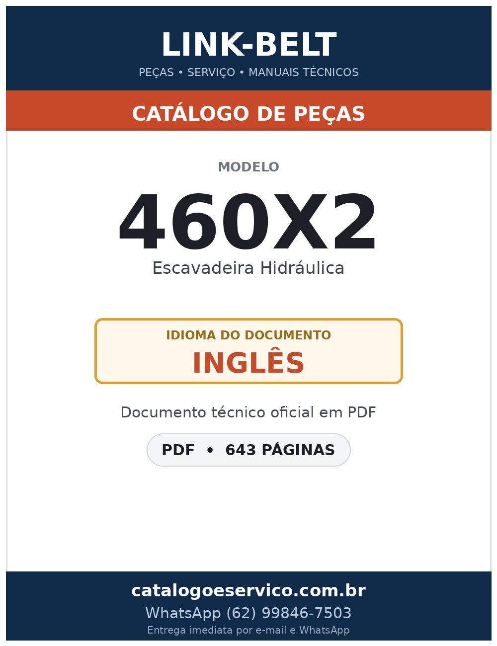 Catálogo de Peças Link-Belt 460X2 Escavadeira Hidráulica